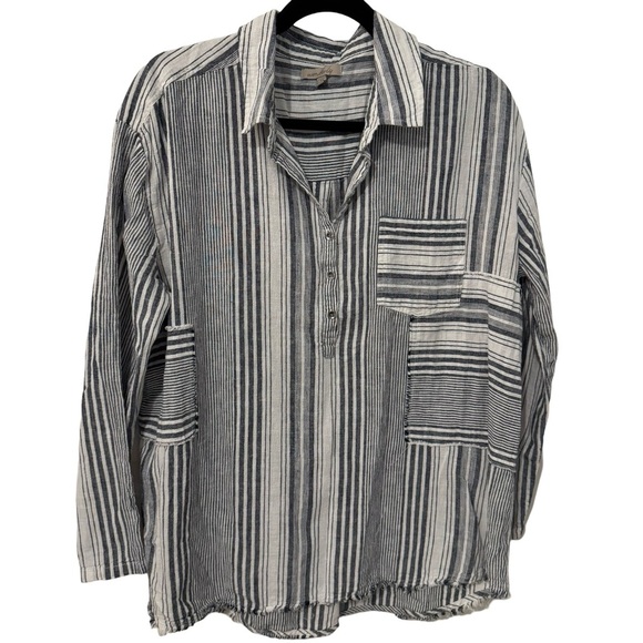 Wonderly Tops - Wonderly Linen/Cotton Collared Denim and White Striped Blouse